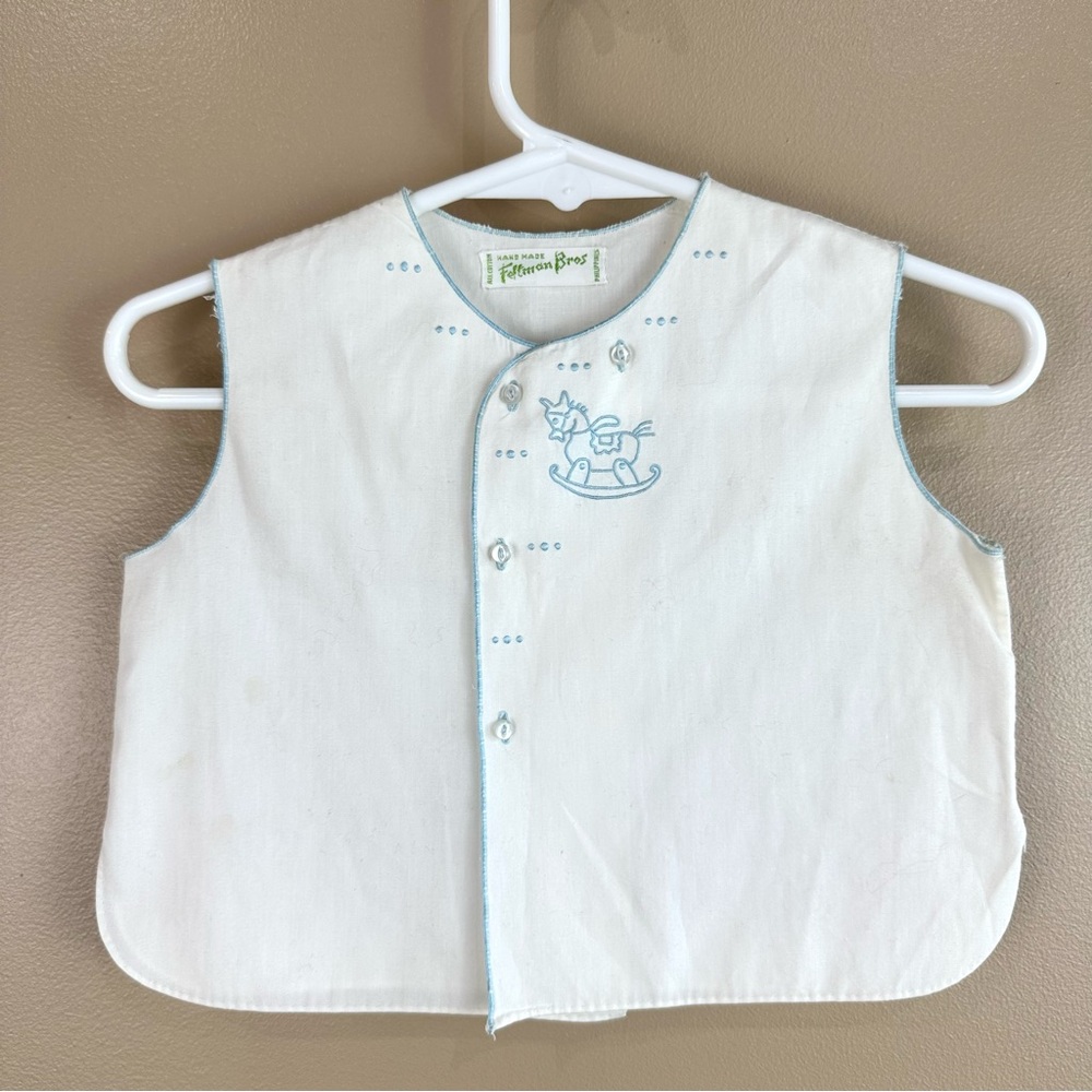 Feltman Bros White Blue Embroidered Baby Diaper Shirt Rocking Horse